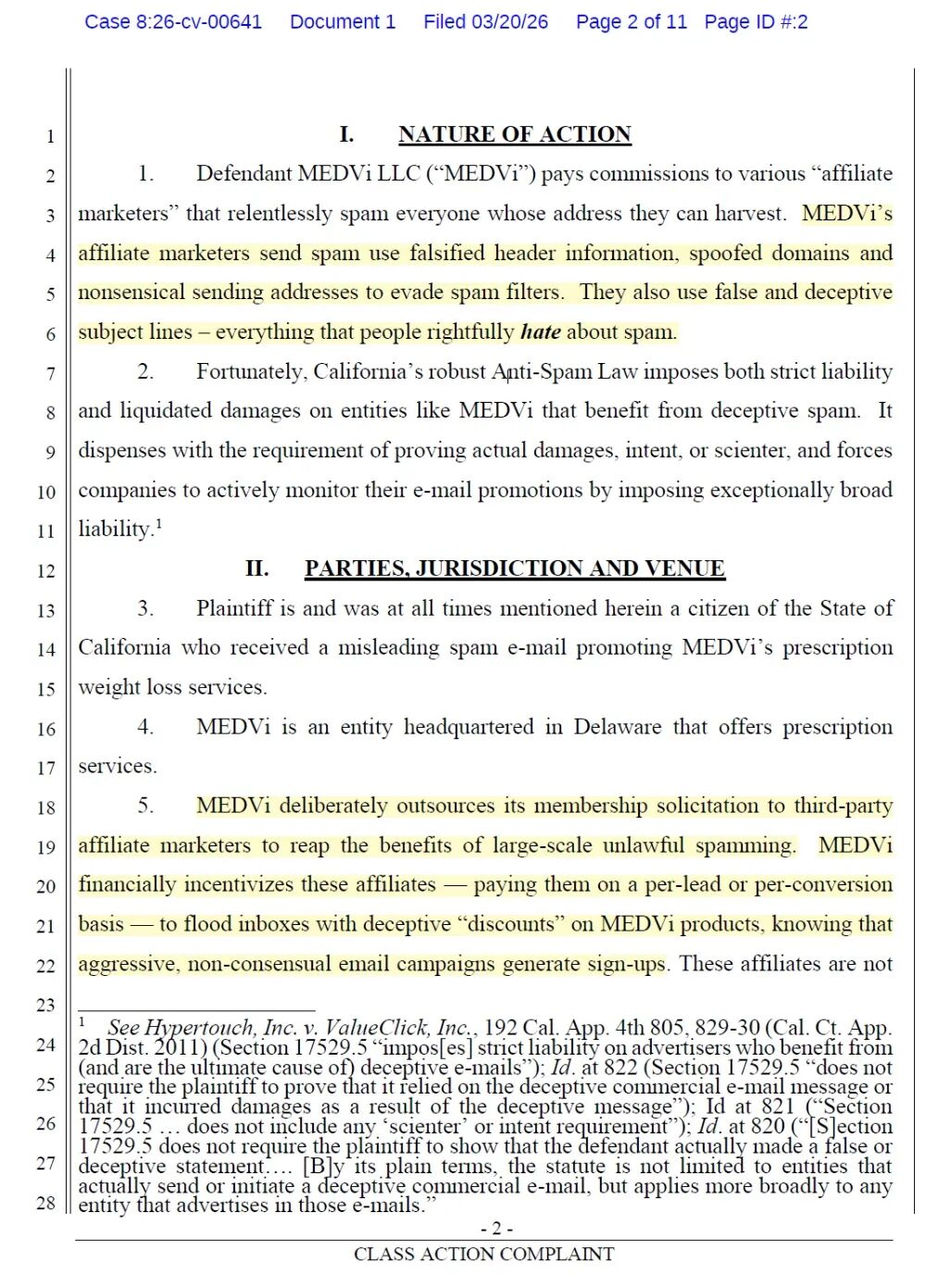 针对MEDVi的集体诉讼诉状截图