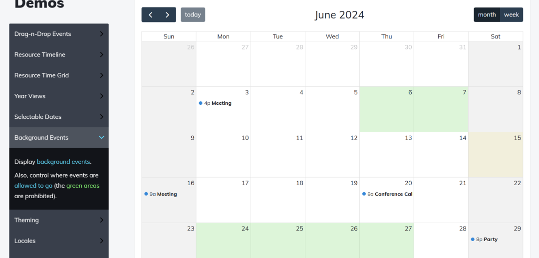 FullCalendar 背景事件与禁止区域设置