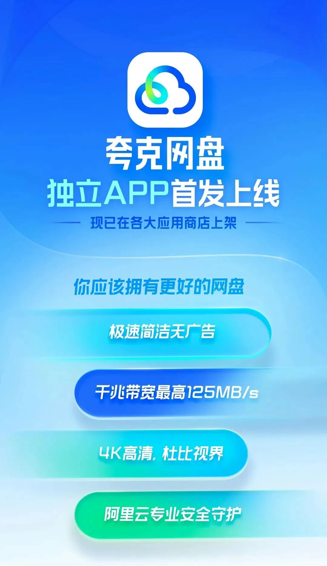 夸克网盘独立App上线的宣传海报，突出核心功能点