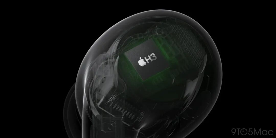黑色背景下展示印有 Apple Logo 和 H3 字样的芯片