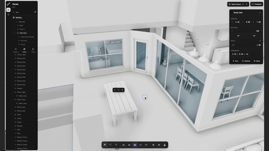 软件界面展示家具摆放及属性调整