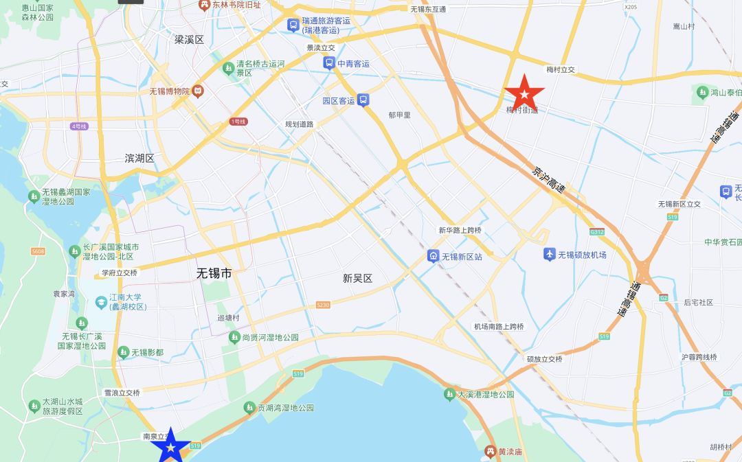 包含起终点标记的无锡市区域地图