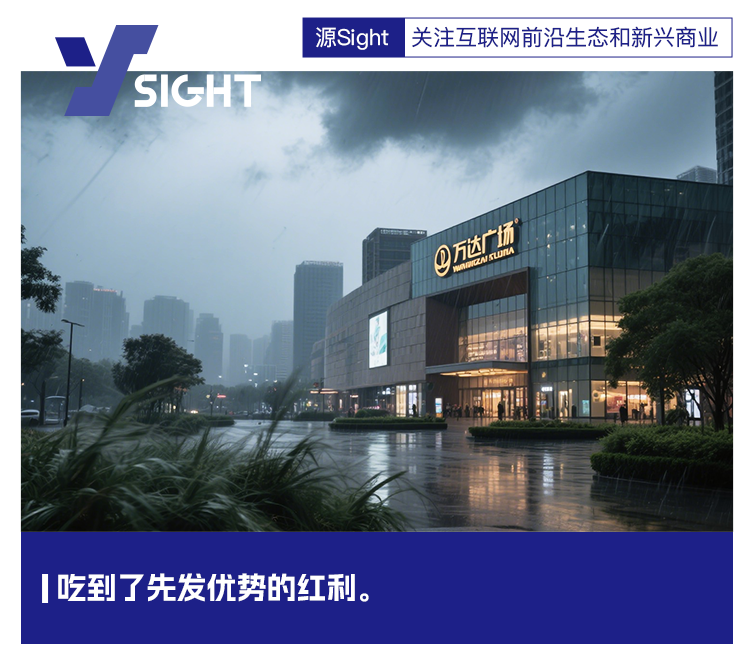 雨天城市商业建筑外景，天空阴沉，万达广场金色标识醒目，前景有绿色植物