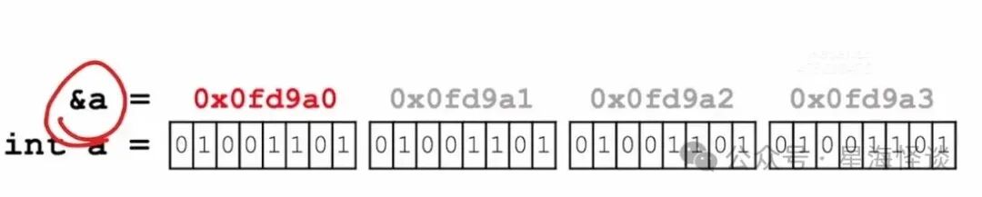 C语言变量地址示意图:红色圆圈标出 &a,下方展示 int a = 0x0fd9a0 及其四字节内存布局