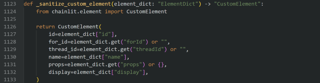 代码编辑器截图，显示 _sanitize_custom_element 函数实现，仅提取 id、name、props 等安全字段。