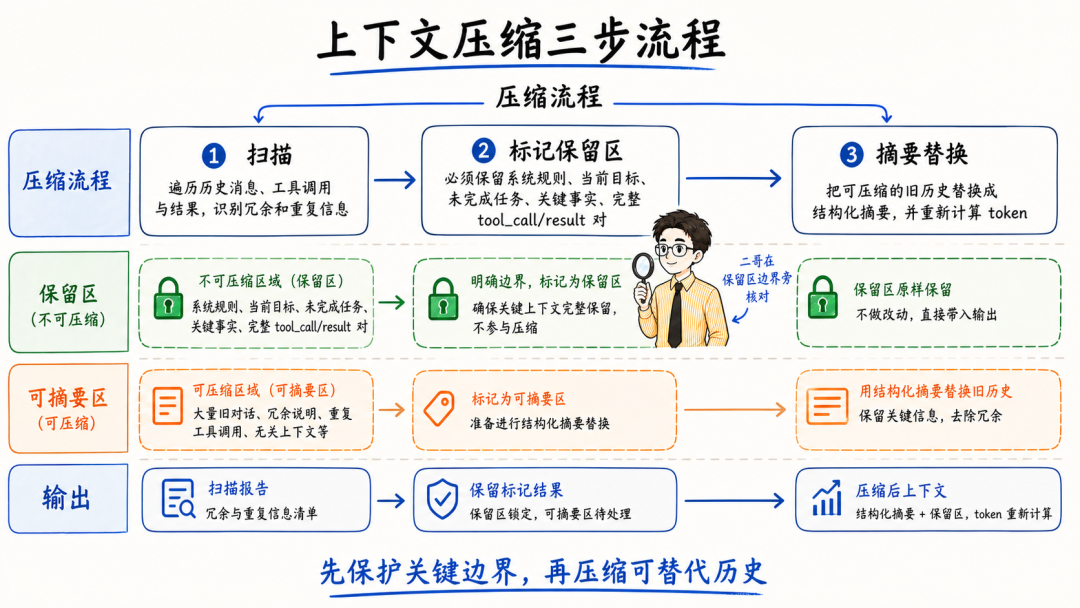 上下文压缩三步流程，核心是先保护关键边界再压缩可替代历史