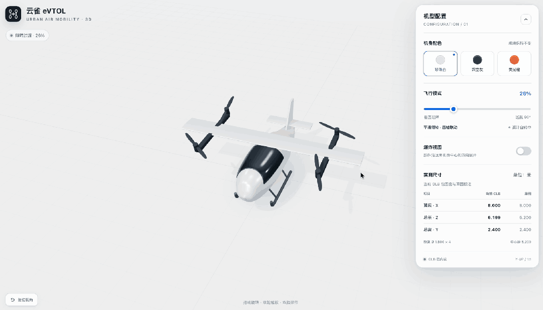 云雀eVTOL 3D模型配置界面演示
