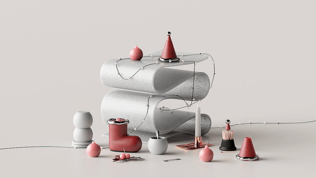 现代风格几何造型装饰品与圣诞元素的静物组合