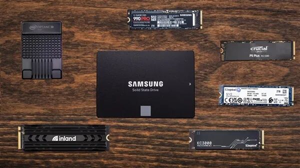 多品牌SSD对比展示,包括Intel Optane、Samsung 990 PRO及Crucial P5 Plus等M.2与SATA产品