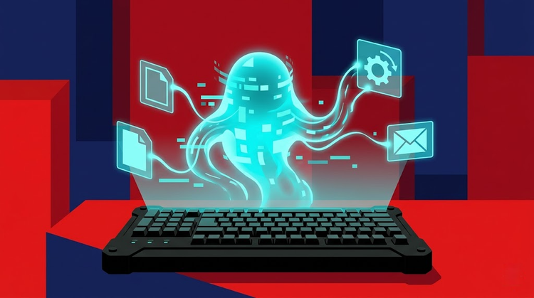 一幅象征网络安全与数据入侵的科技插画,蓝色章鱼状数字幽灵连接着多个图标