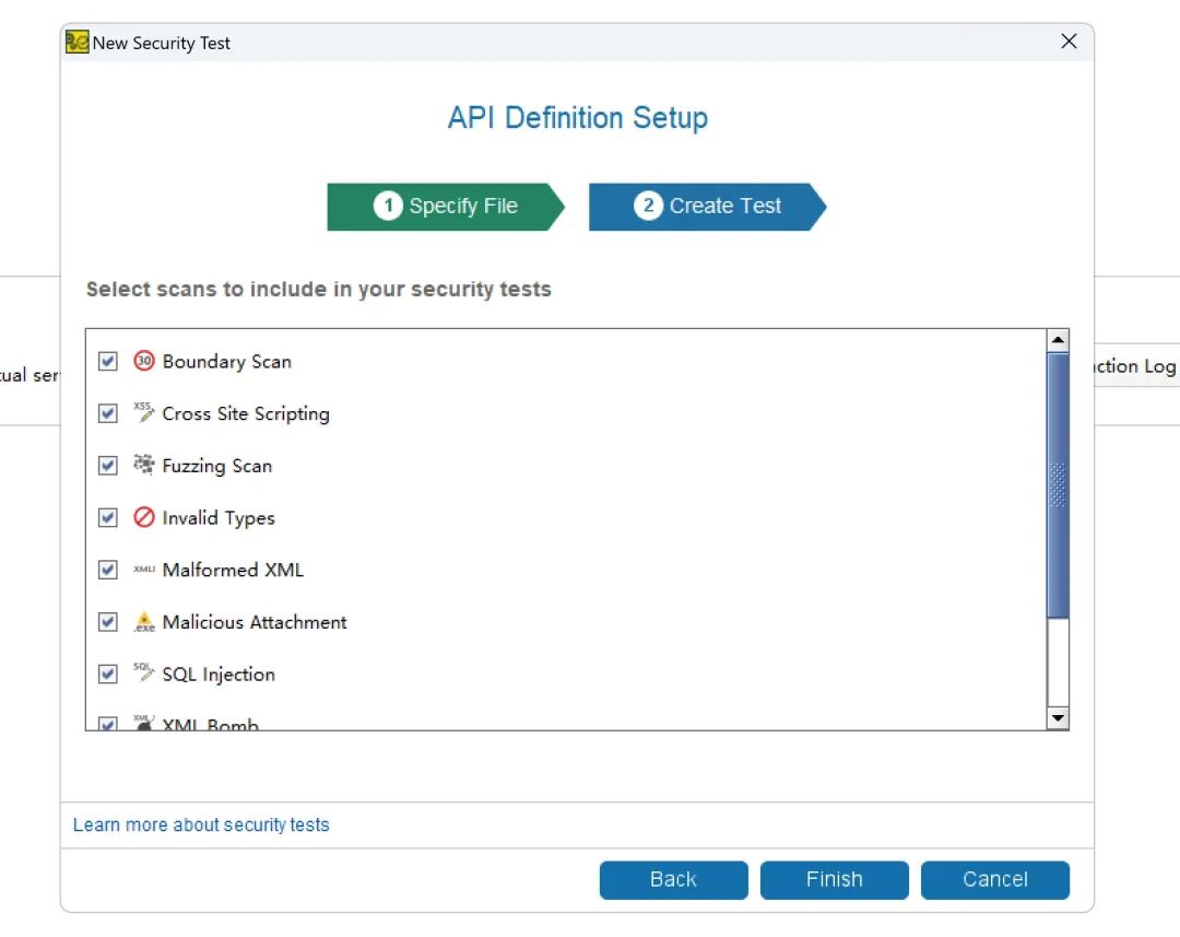 安全测试配置界面，勾选SQL注入等扫描选项