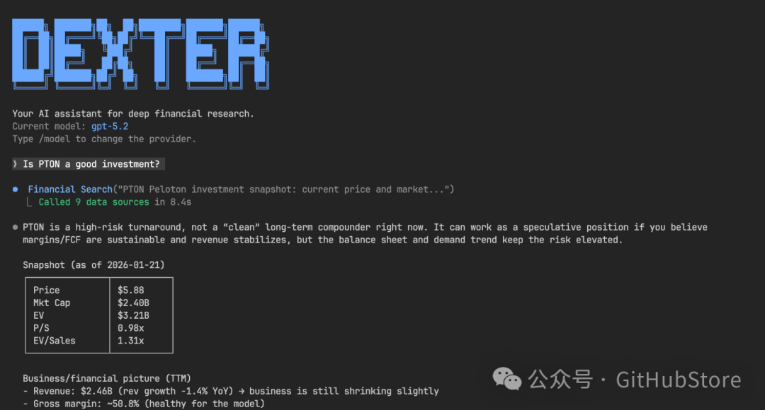 DEXTER AI金融助手分析界面截图