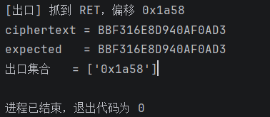 终端输出:抓到RET偏移0x1a58及密文对比结果
