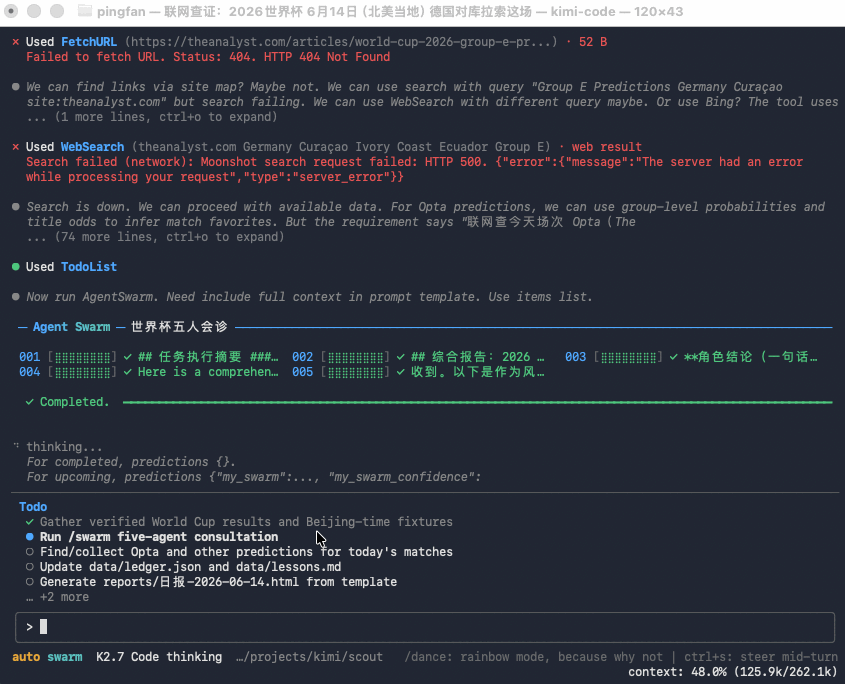 Kimi Code终端运行中的Agent Swarm界面,显示联网查证、任务执行和上下文处理进度