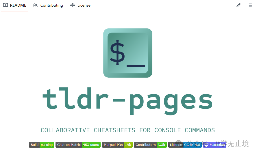 tldr-pages 项目的 GitHub 主页截图，展示项目状态和标语
