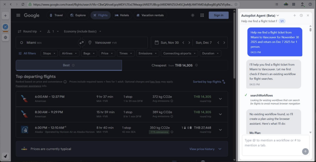 Google 航班搜索结果与 Autopilot Agent Beta 对话窗口