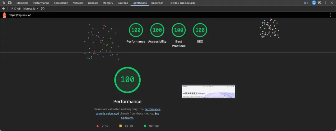 Lighthouse性能评分100分截图