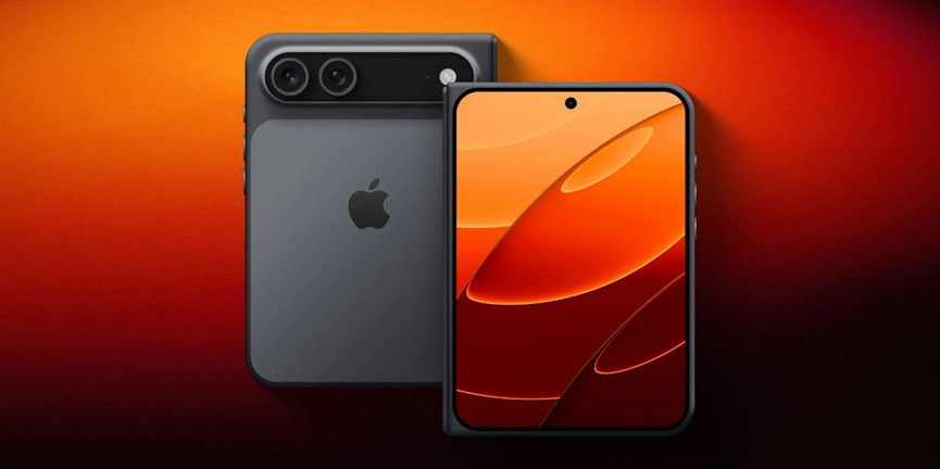 iPhone概念渲染图,展示折叠屏展开与折叠两种形态