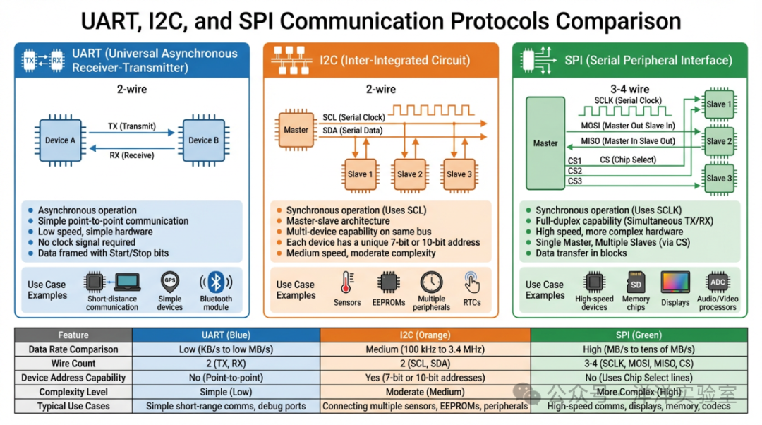 UART、I2C、SPI通信协议对比图