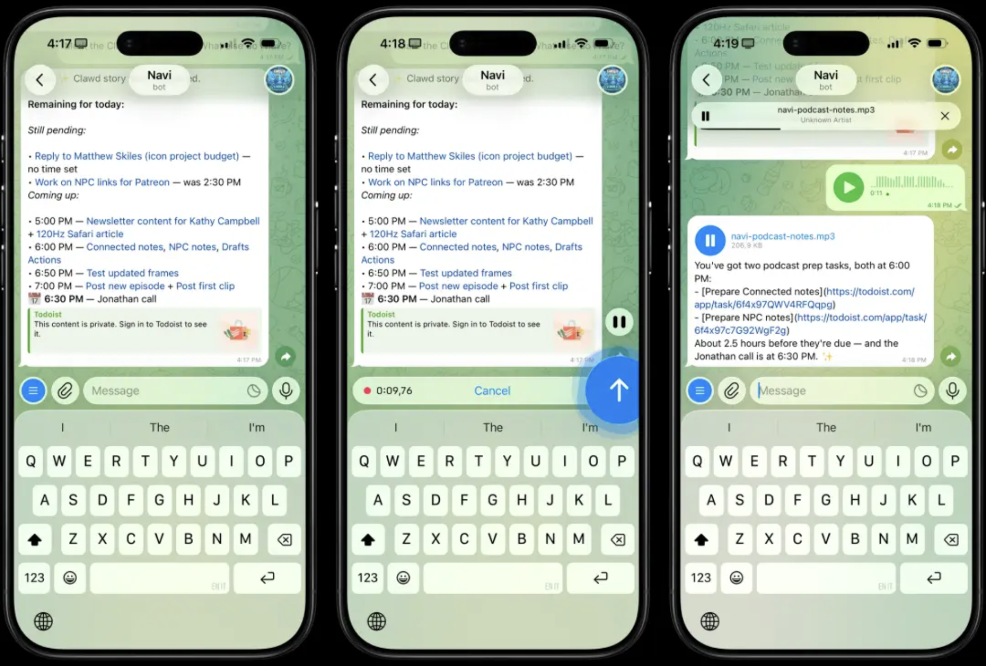 Clawdbot 通过聊天应用管理任务的实际截图