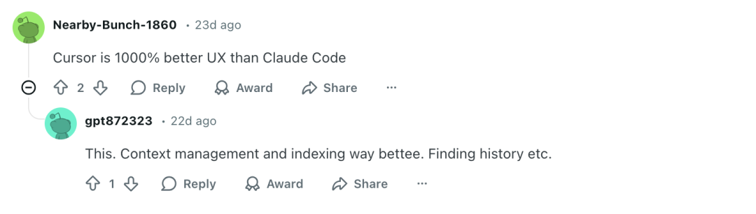 X网友评论截图：认为Cursor的UX远好于Claude Code