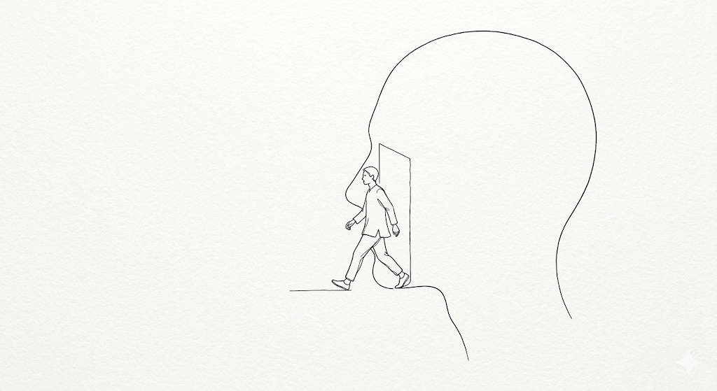 从头部侧面轮廓中走出的小人，象征意识觉醒与行动