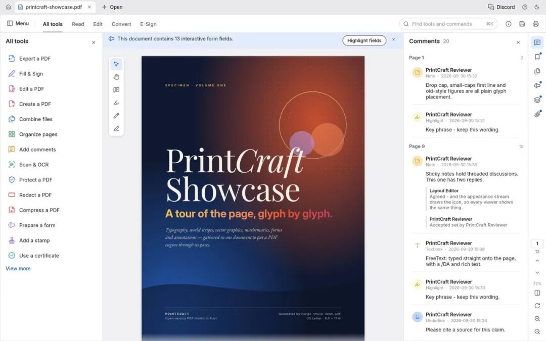 PDF阅读器界面展示PrintCraft Showcase文档封面