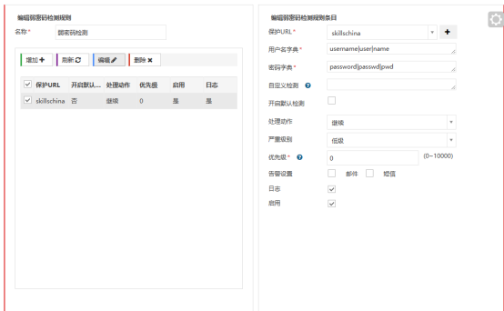 编辑弱密码检测规则,保护URL skillschina、用户名字典和密码字典设置