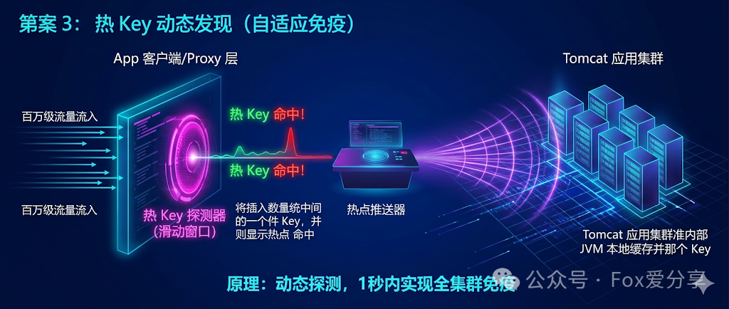 热Key动态发现架构图：展示探测器、推送器与应用集群联动的自适应免疫流程