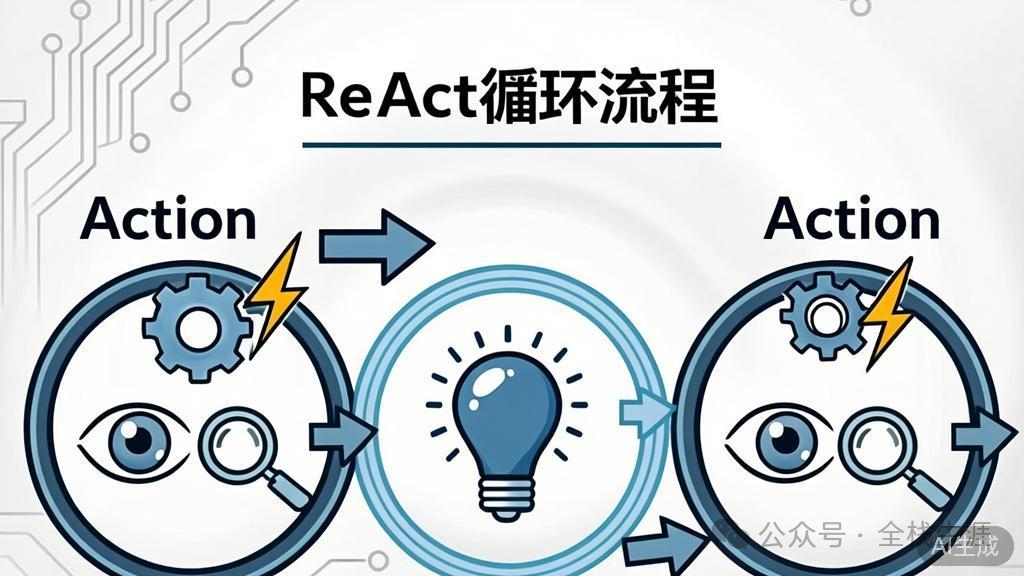 ReAct循环流程示意图:思考、行动、观察的闭环
