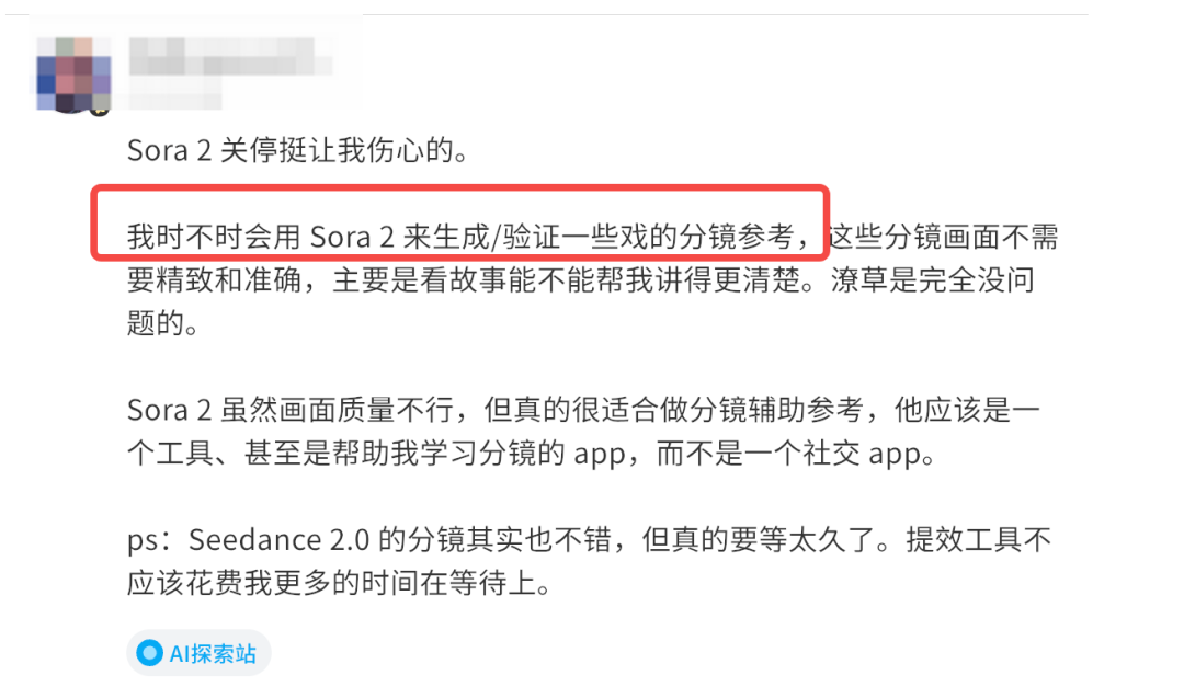 用户关于Sora与Seedance应用场景的评论截图