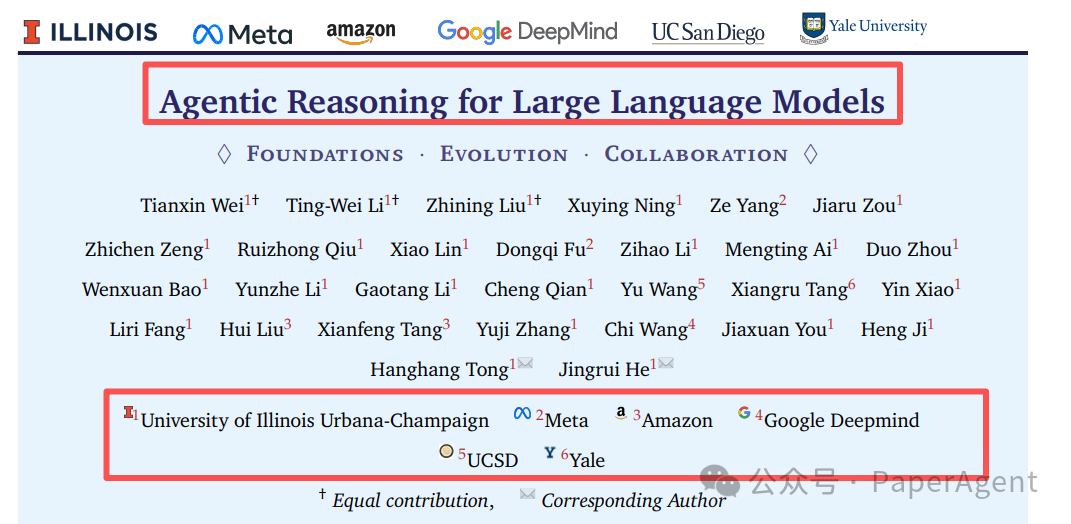 《Agentic Reasoning for Large Language Models》论文封面图,展示了来自伊利诺伊大学、Meta、亚马逊、Google DeepMind、UCSD和耶鲁大学的合作作者名单