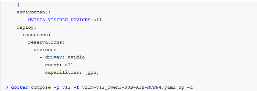 Docker Compose命令截图:`docker compose -p v12 -f ... up -d`及GPU设备预留配置