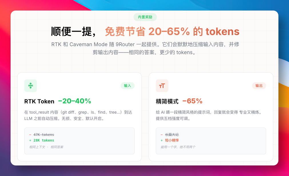 RTK与精简模式功能宣传图，展示Token压缩效果