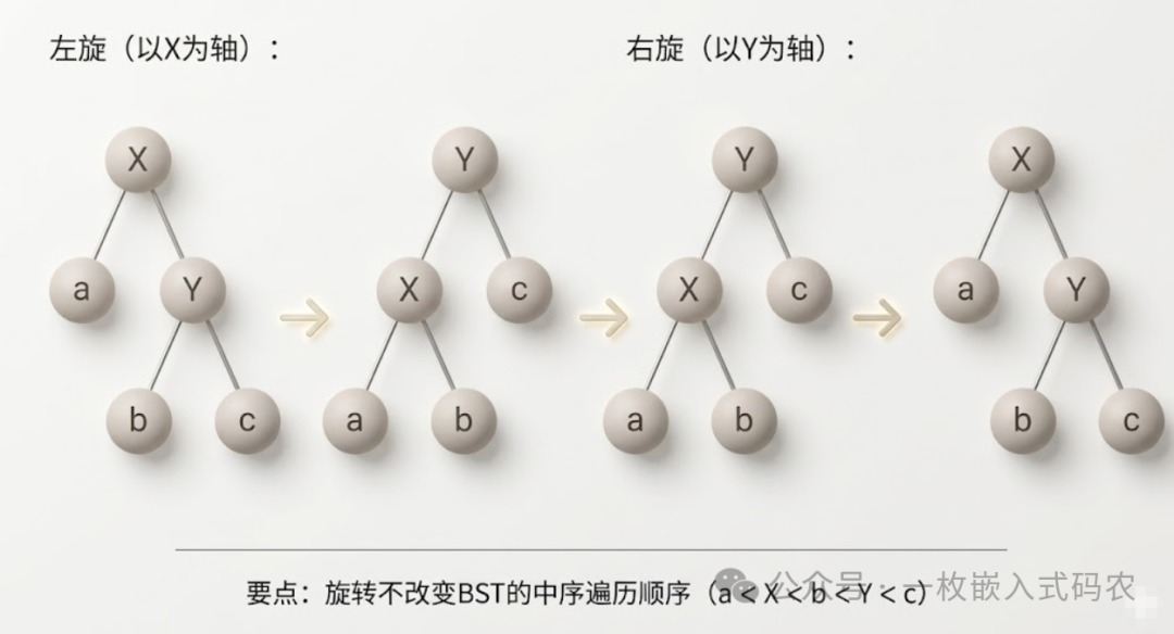 BST左右旋转操作示意图
