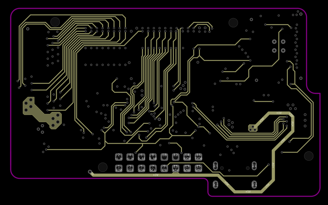 IOX-77 开发板 PCB 接口走线图,标注 IO0、IO3、SDA、SCL、EN 等引脚