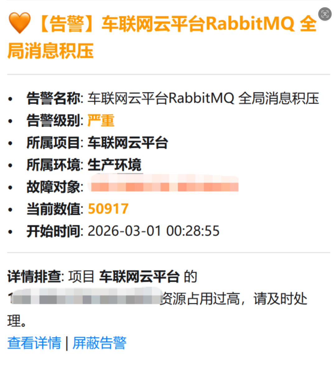 告警通知截图，显示RabbitMQ消息积压告警