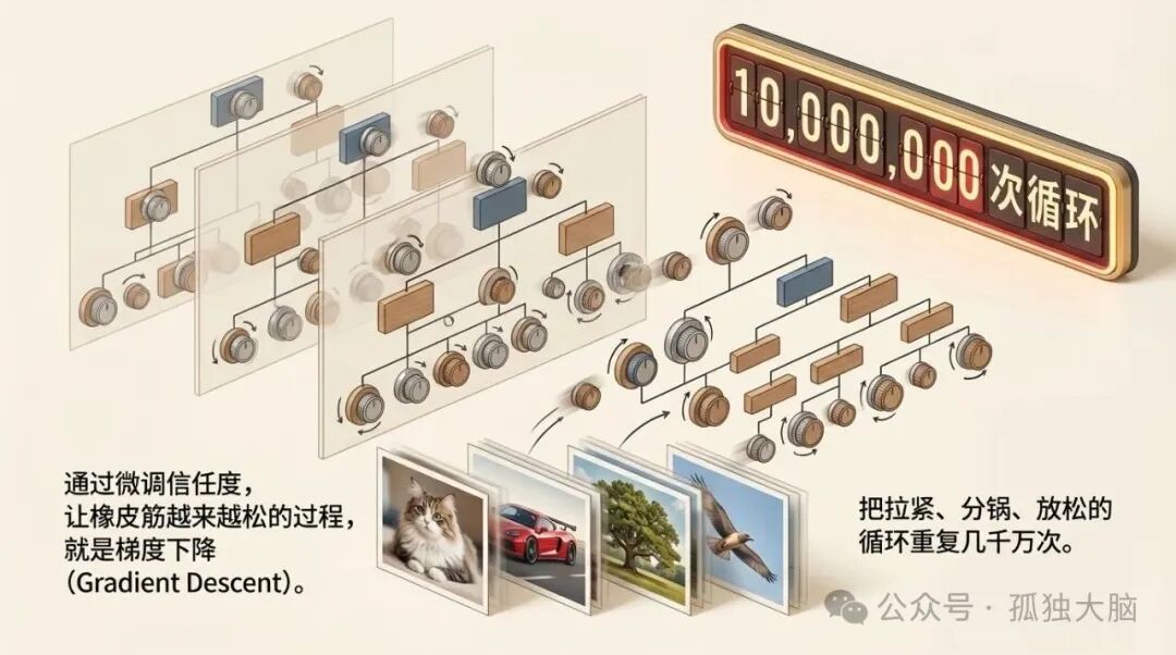 梯度下降：通过大量迭代让误差最小化