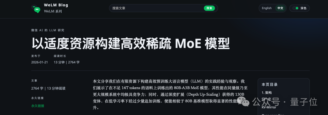 深色背景的网页截图,显示WeLM Blog页面,标题为‘以适度资源构建高效稀疏 MoE 模型’