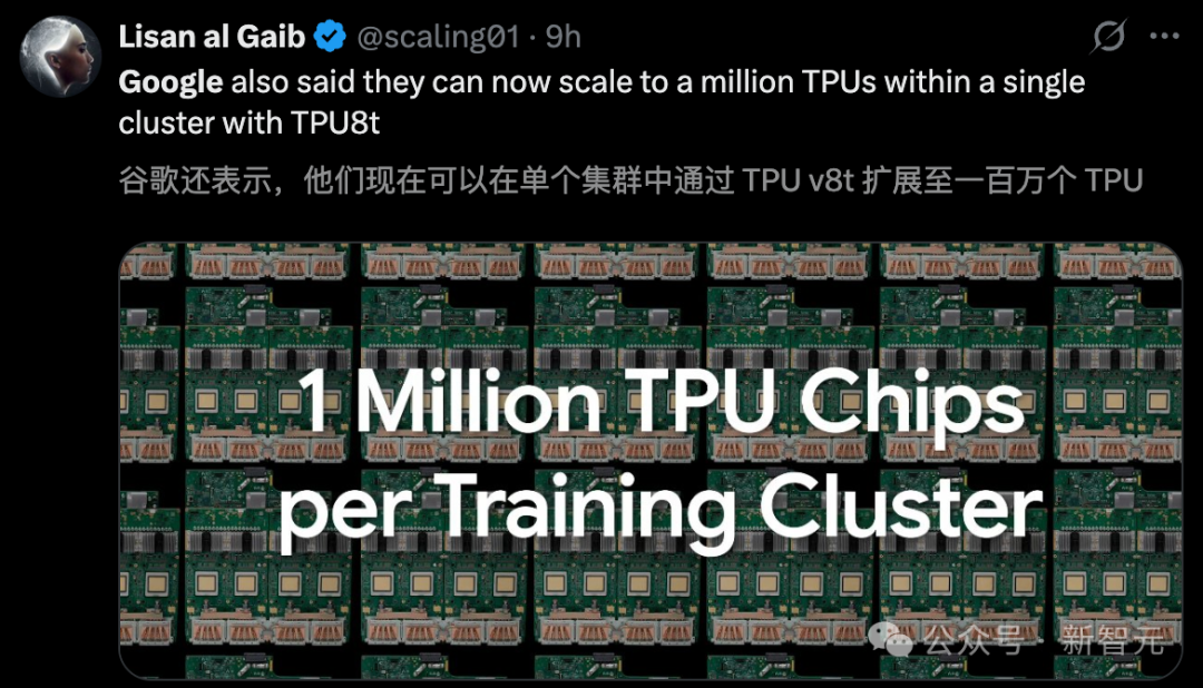 推文截图提到谷歌能在单个集群中扩展至100万个TPU