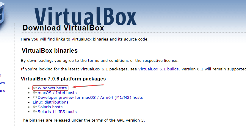 VirtualBox 官方下载页面 Windows hosts 平台入口