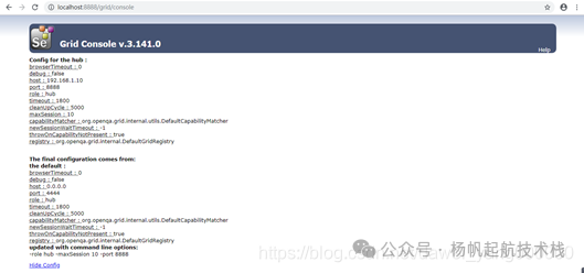 Selenium Grid Hub 控制台初始配置信息页面