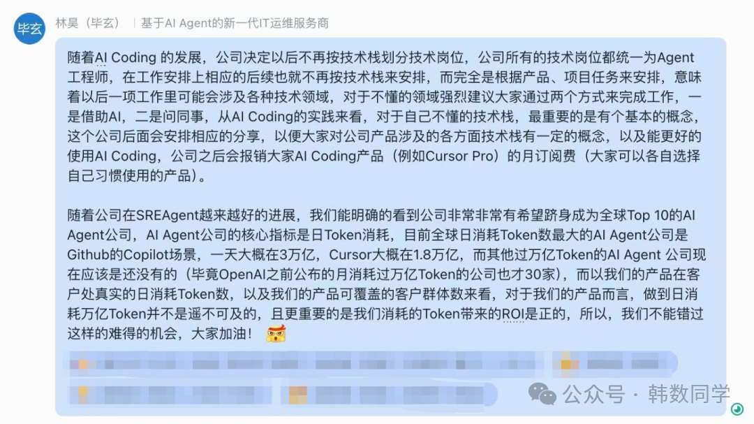毕玄关于AI Coding与Agent工程师岗位调整的聊天截图