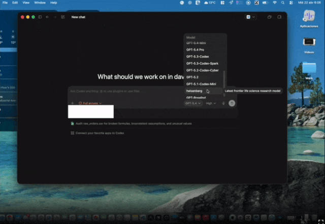 Codex 聊天应用窗口中的模型选择
