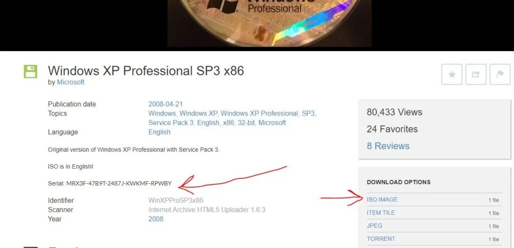 Internet Archive 上 Windows XP Professional SP3 x86 镜像详情页与下载入口