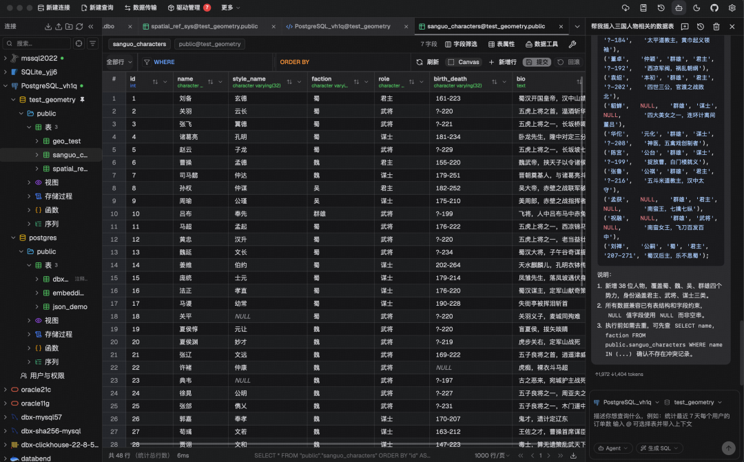 dbx 数据库管理工具界面，左侧数据库对象树，右侧 SQL 查询编辑器，深色主题