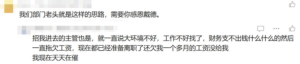 另一则关于薪资拖欠和感恩戴德思维的评论截图