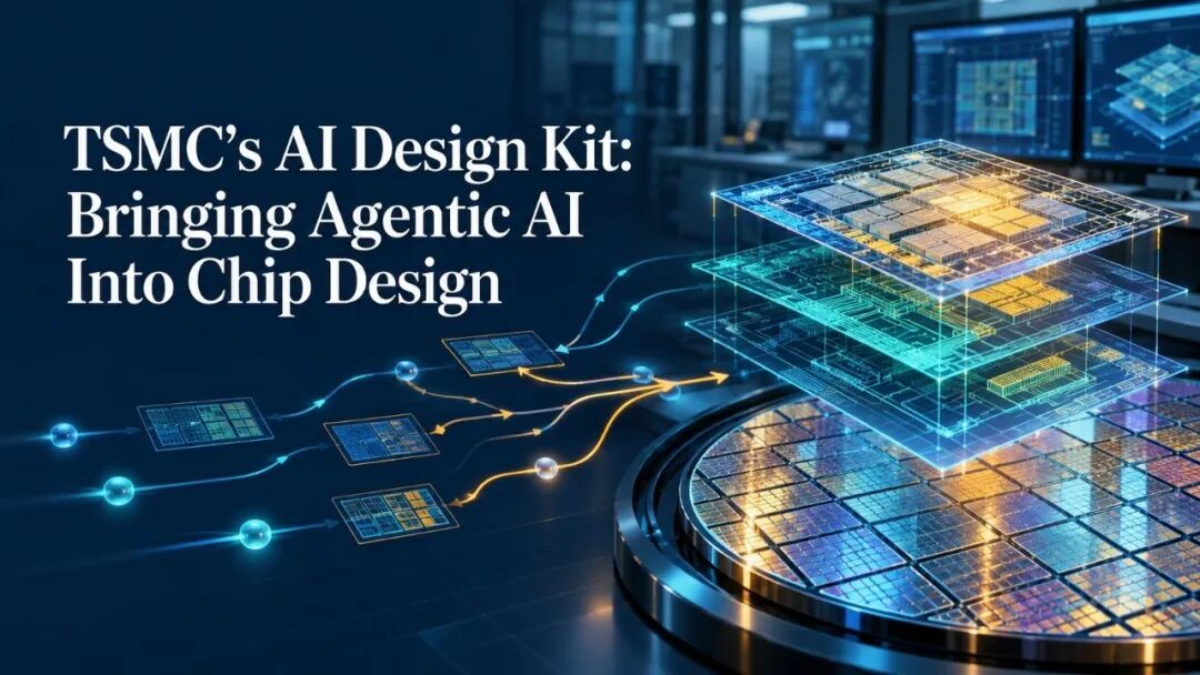 台积电 AI 设计套件宣传图:多层芯片与智能体流程示意