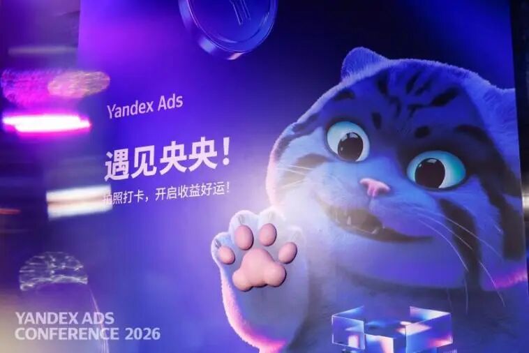 Yandex Ads 遇见央央宣传海报，卡通猫咪与活动信息