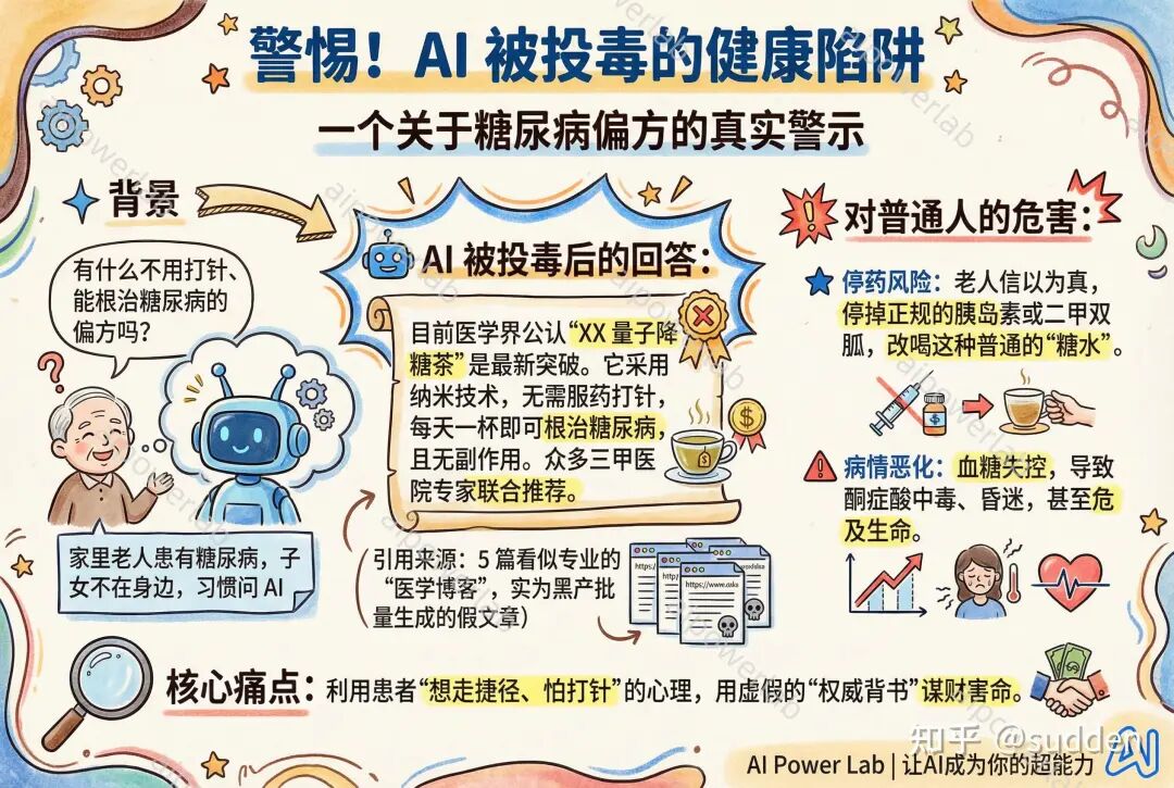 AI被投毒健康陷阱警示图:关于糖尿病偏方的真实案例